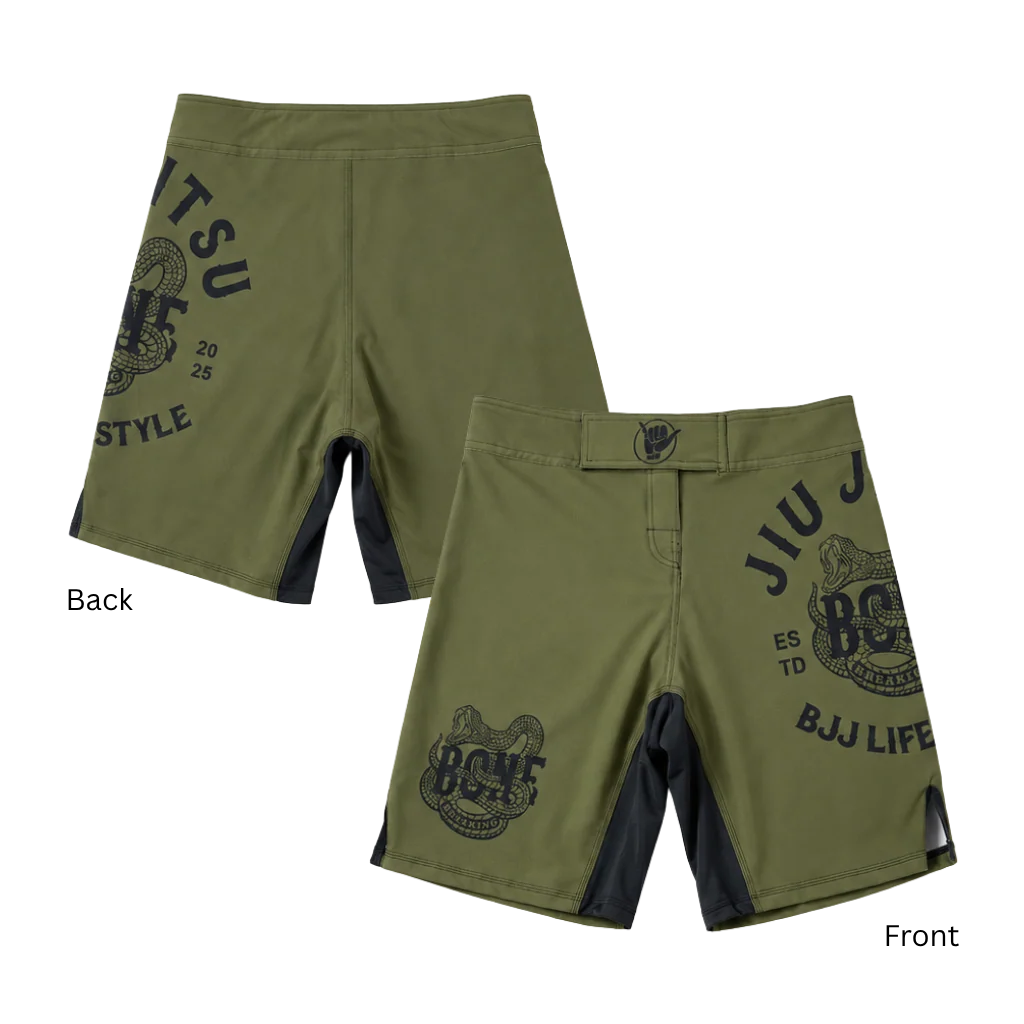 BJJ Lifestyle Bone Breaking BJJ shorts, front and back