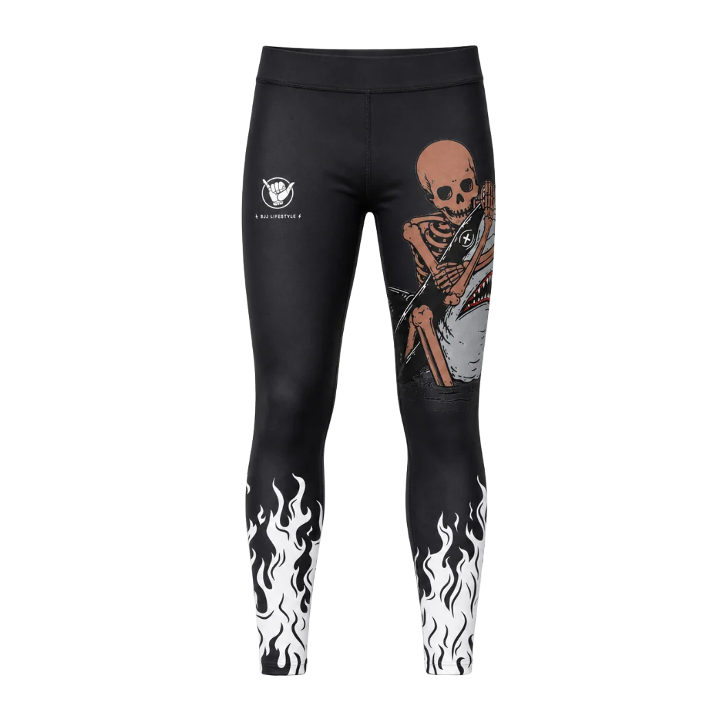 BJJ Lifestyle Where Fear Ends compression leggings, front and back