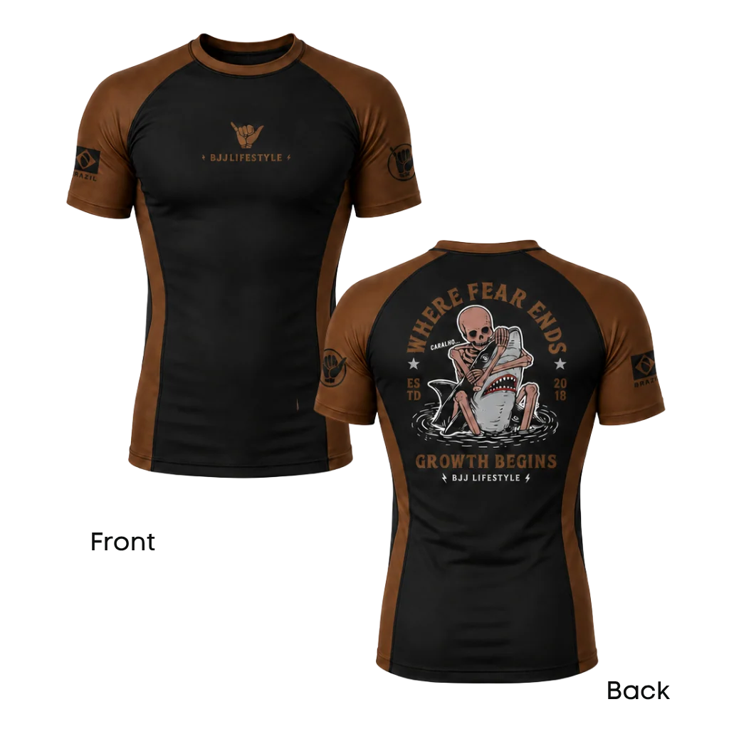 BJJ Lifestyle Where Fear Ends rashguard, front and back