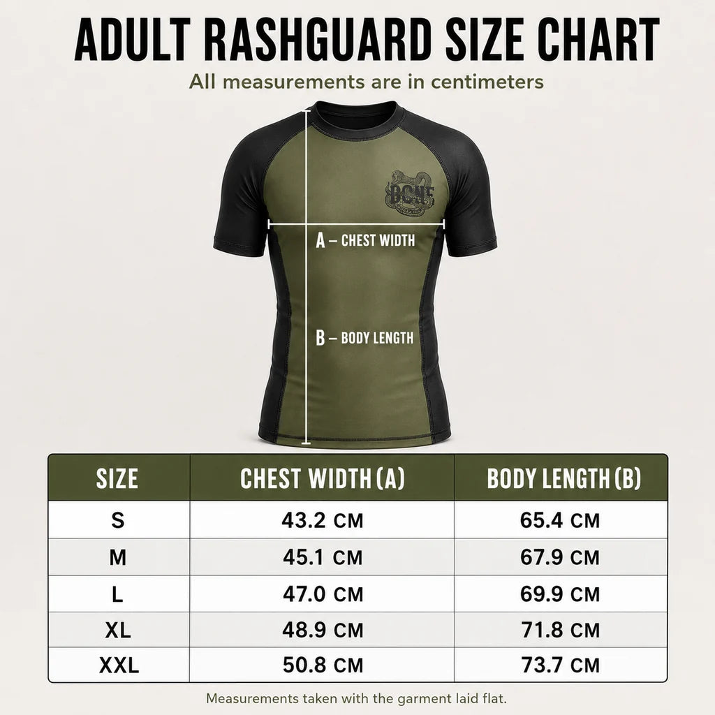 BJJ Lifestyle Bone Breaking rashguard, size chart