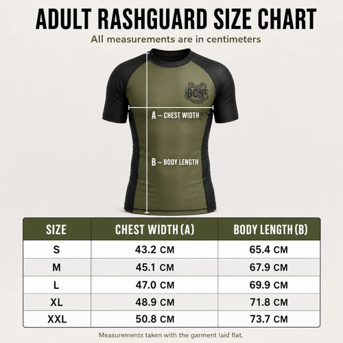 BJJ Lifestyle Bone Breaking rashguard, size chart