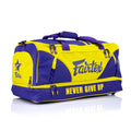 Fairtex BAG2 gym bag in purple and yellow, three-quarter view