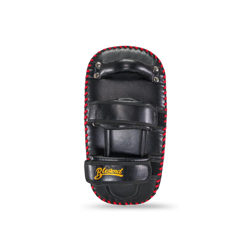 Black leather Blegend Thai Pads Big bokuard kick pad with red stitching and gold logo