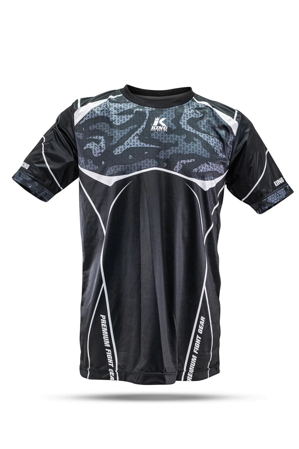 King Pro T-Shirt Black: black and gray camo jersey with white accents
