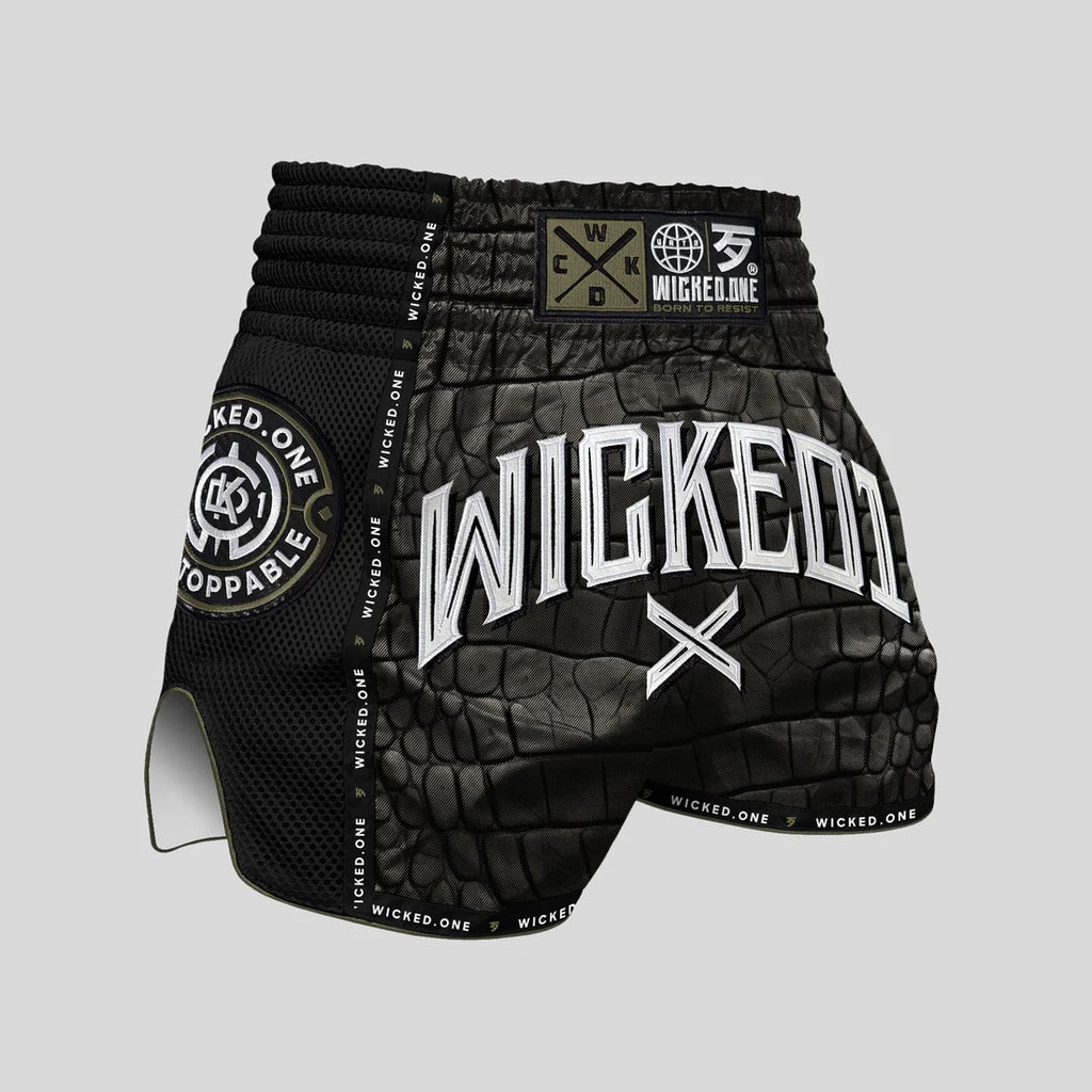Wicked1 Caïman Muay Thai Shorts – Khaki/Black