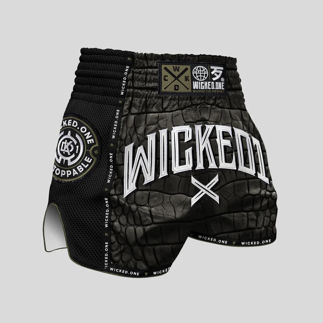 Wicked1 Caïman Muay Thai Shorts – Khaki/Black