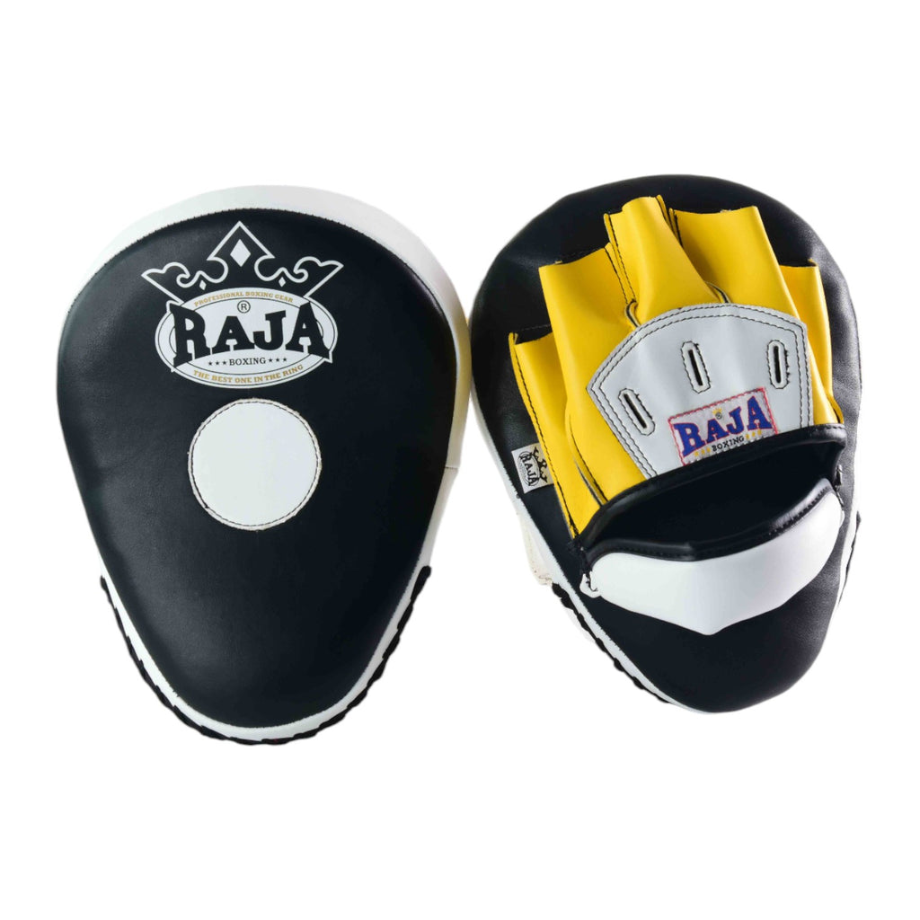 Raja Punch Mitts — Open Finger Black/Yellow/White (RPM-6A) — MMAGuy fight gear Phuket