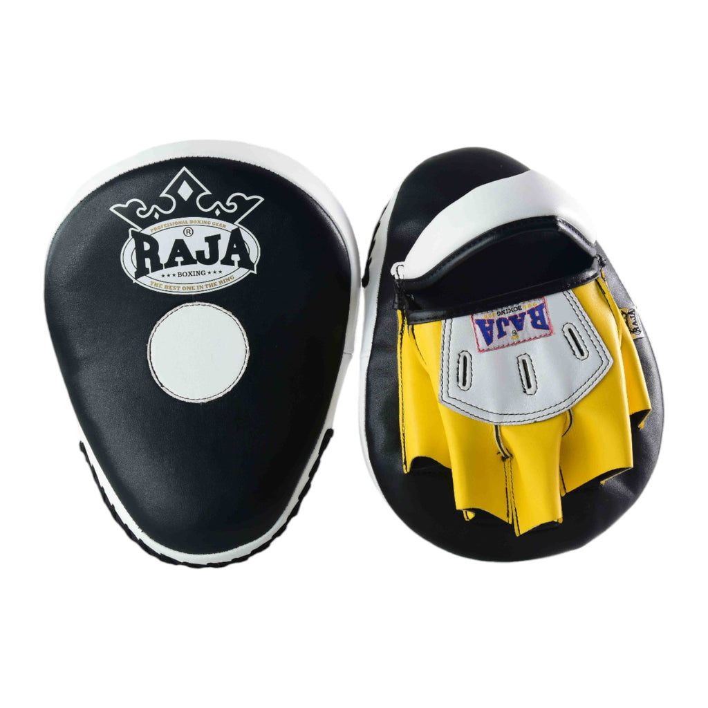 Raja Punch Mitts — Open Finger Black/Yellow/White (RPM-6A) — MMAGuy fight gear Phuket