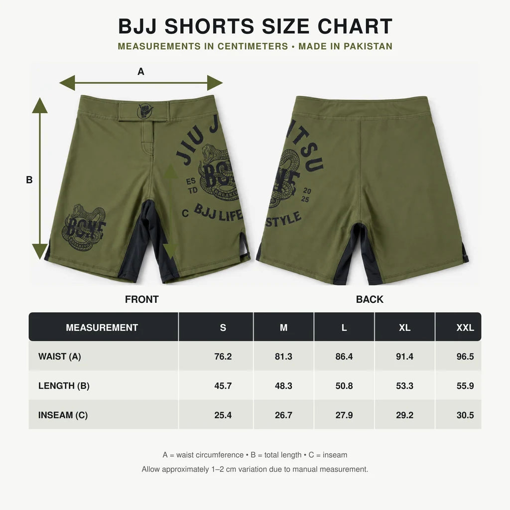 BJJ Lifestyle Bone Breaking BJJ shorts, size chart