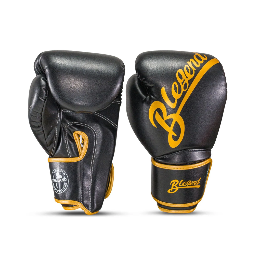 Blegend BGL32 black and gold velcro boxing gloves in leather-like material