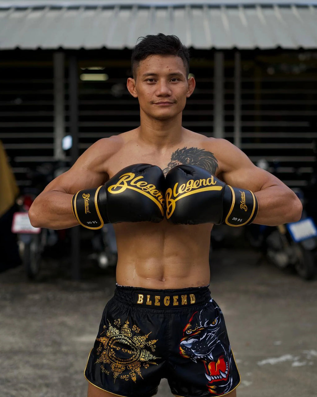 Blegend Black Tiger Muay Thai shorts in black and gold with dragon design