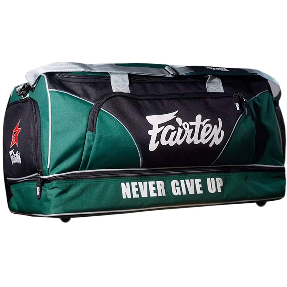 Fairtex green and black gym bag with Never Give Up slogan
