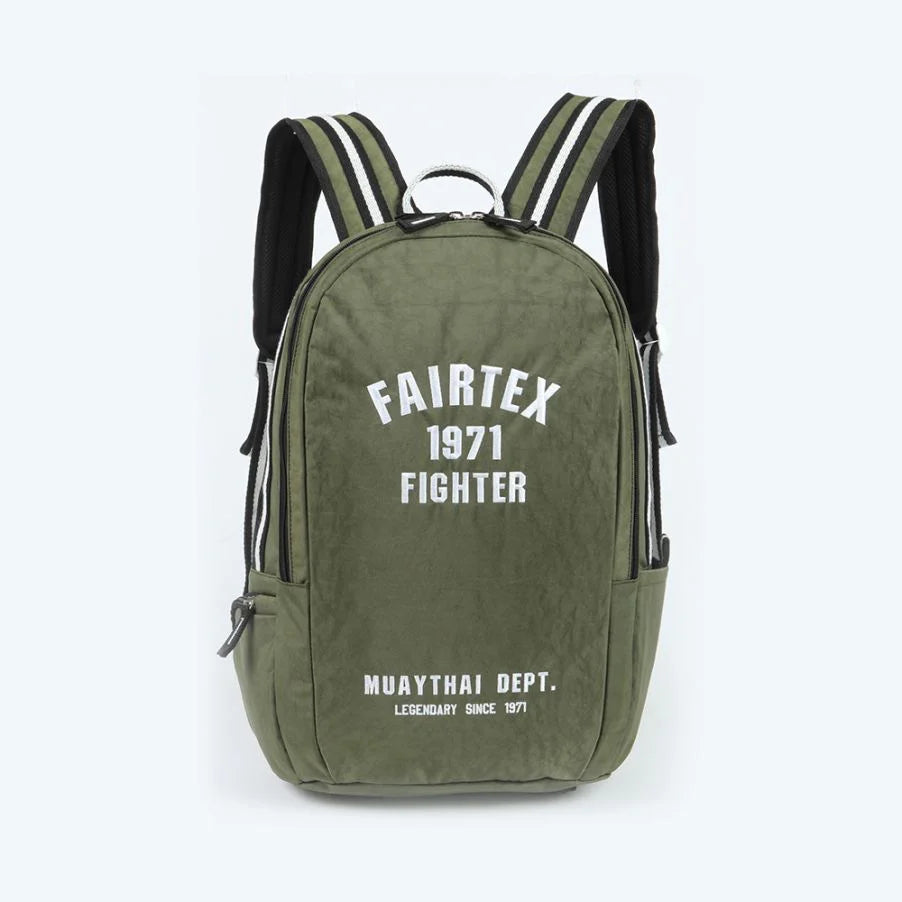 Olive green Fairtex rucksack backpack with white text and stripes