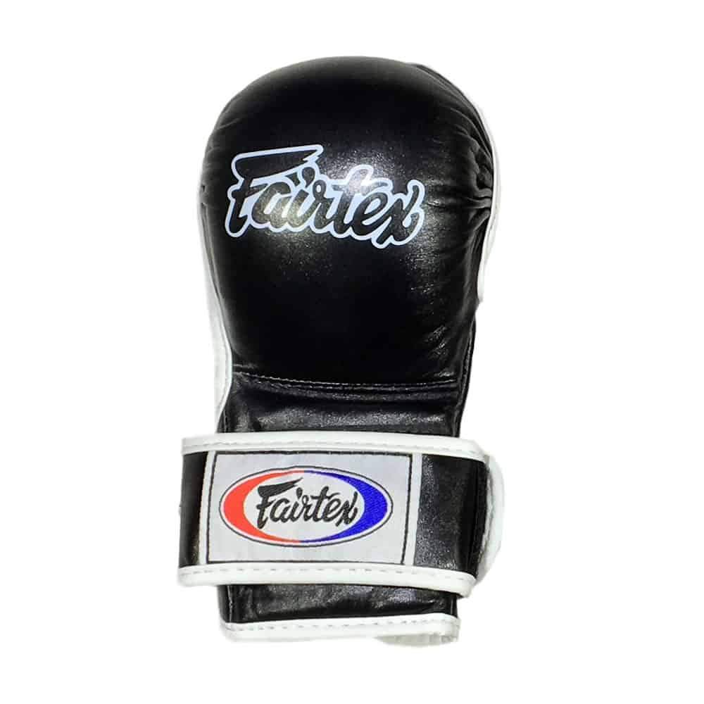 Fairtex black and white MMA gloves 5oz with red blue yellow accents