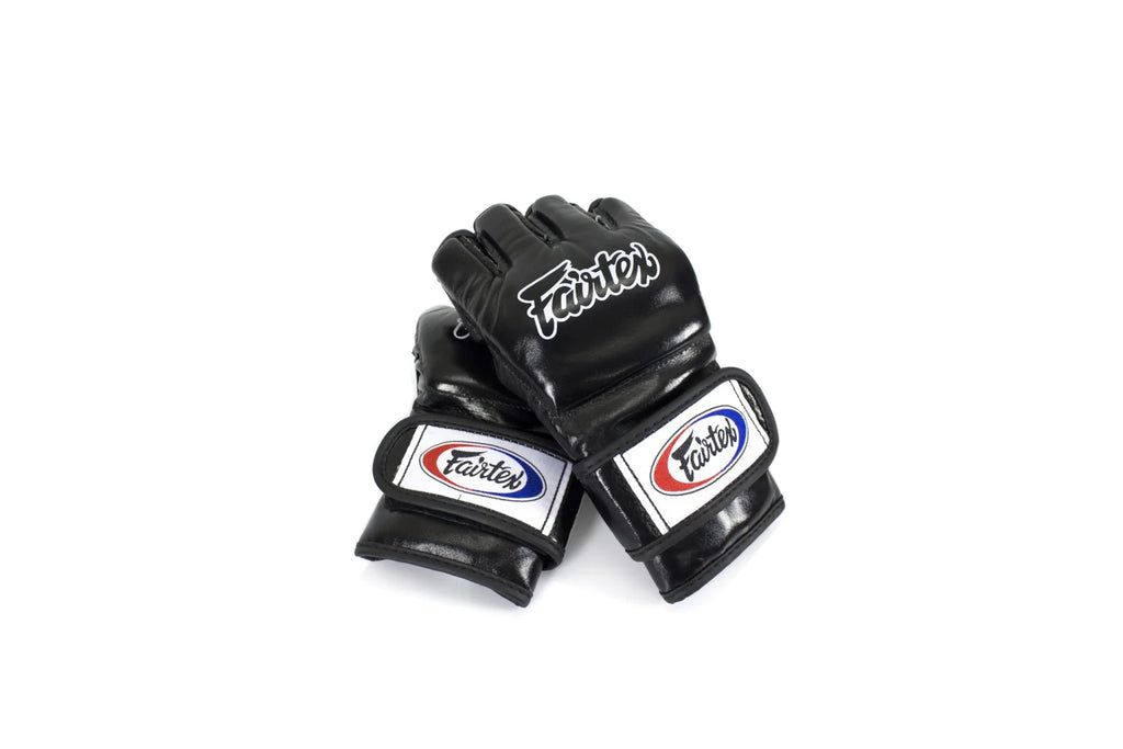 Fairtex black leather MMA gloves with red and white accents