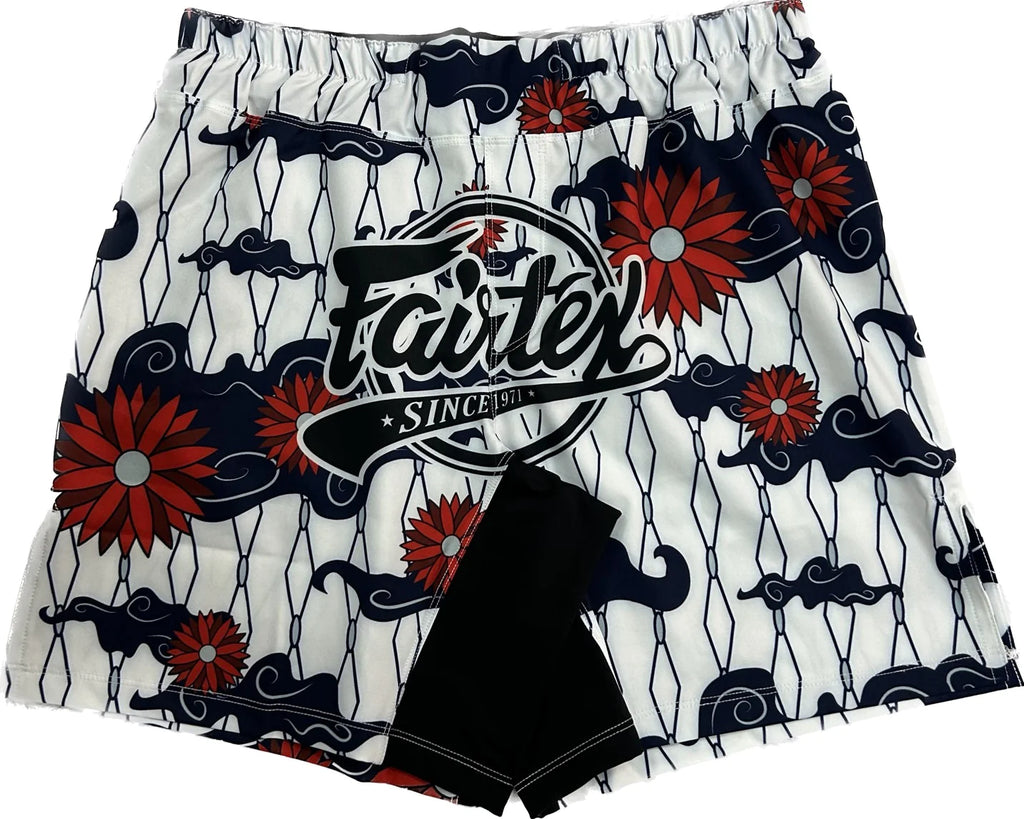 Fairtex Warrior in a Garden MMA shorts with white floral patterns