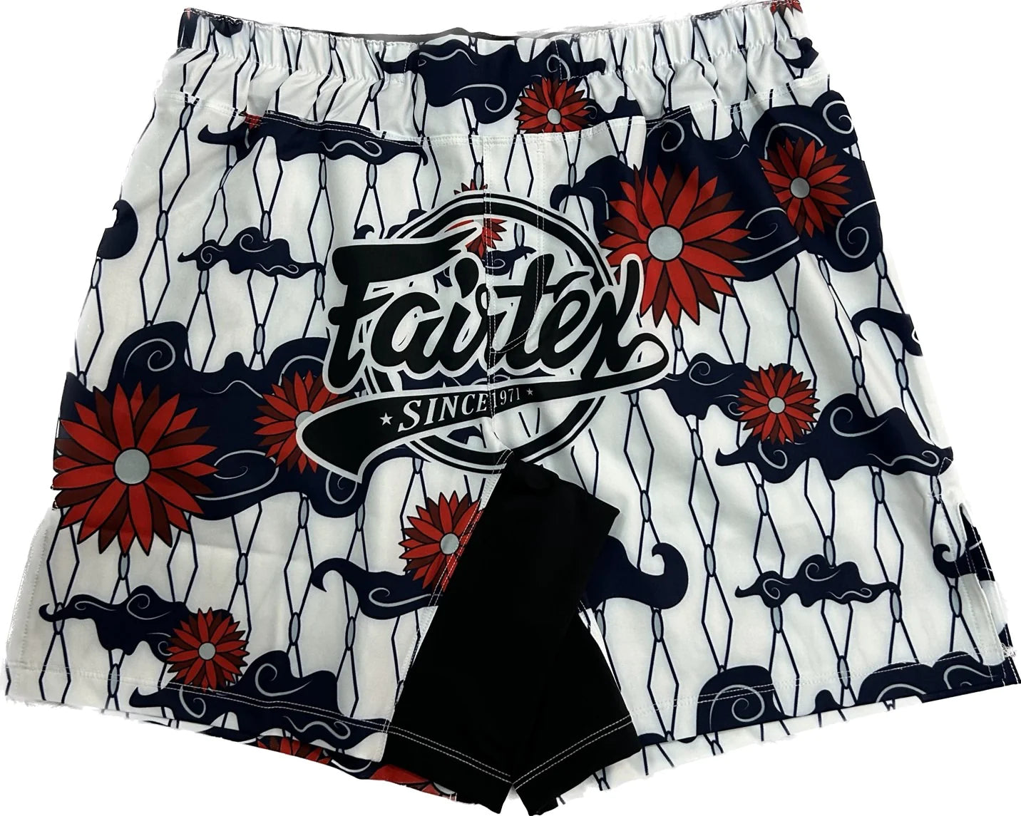 Fairtex Warrior in a Garden MMA shorts with white floral patterns
