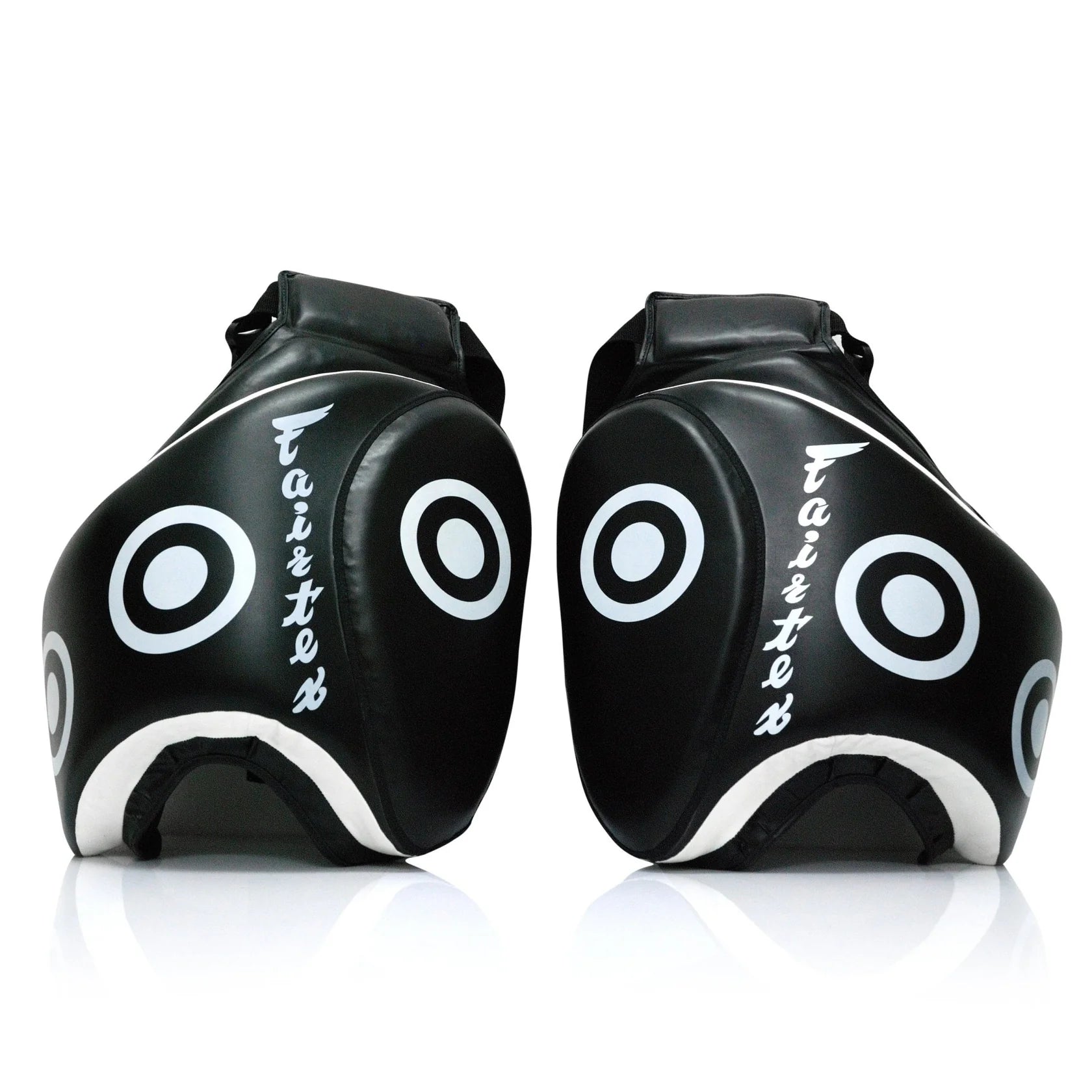 Fairtex Low Kick-Pads: black and white leather target boxing pads