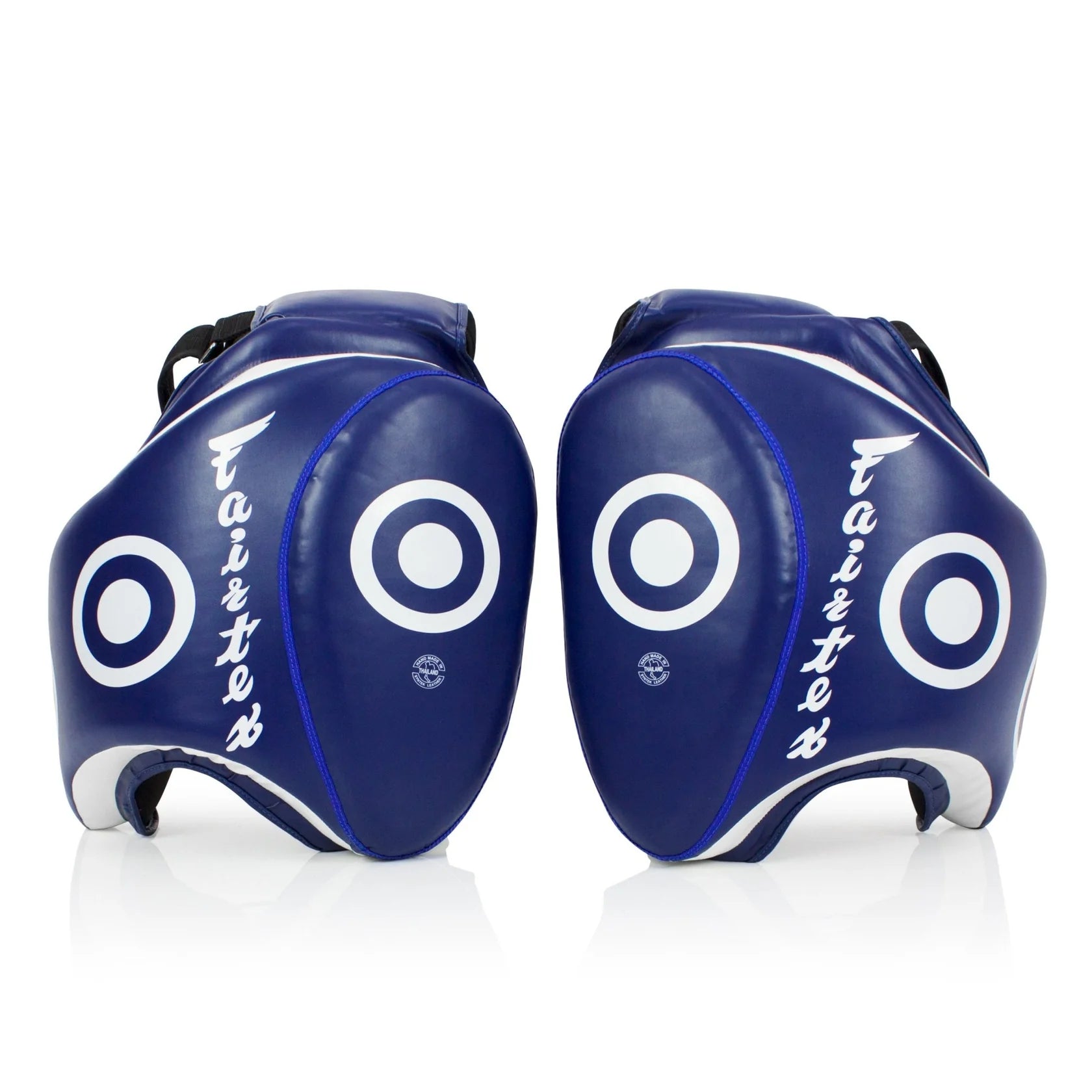 Fairtex low kick pads in blue and white target shape