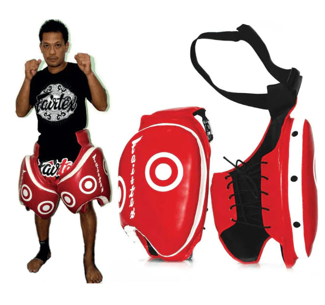 Red and white Fairtex Low Kick-Pads with training targets
