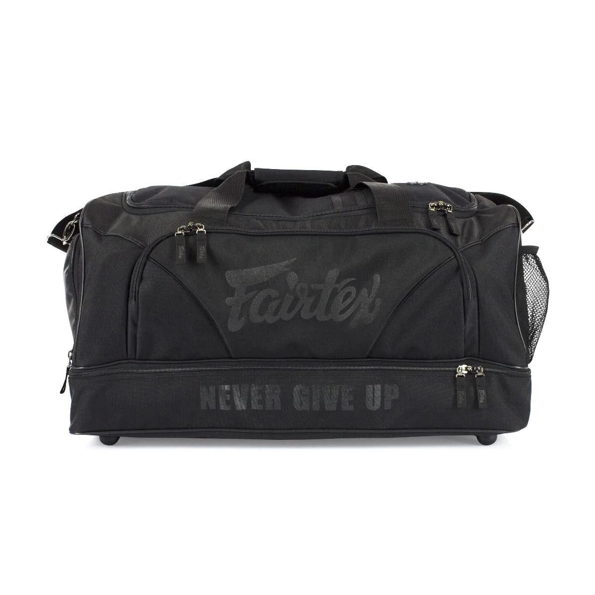 Black Fairtex wheeled gym duffel bag with Never Give Up text and mesh pockets