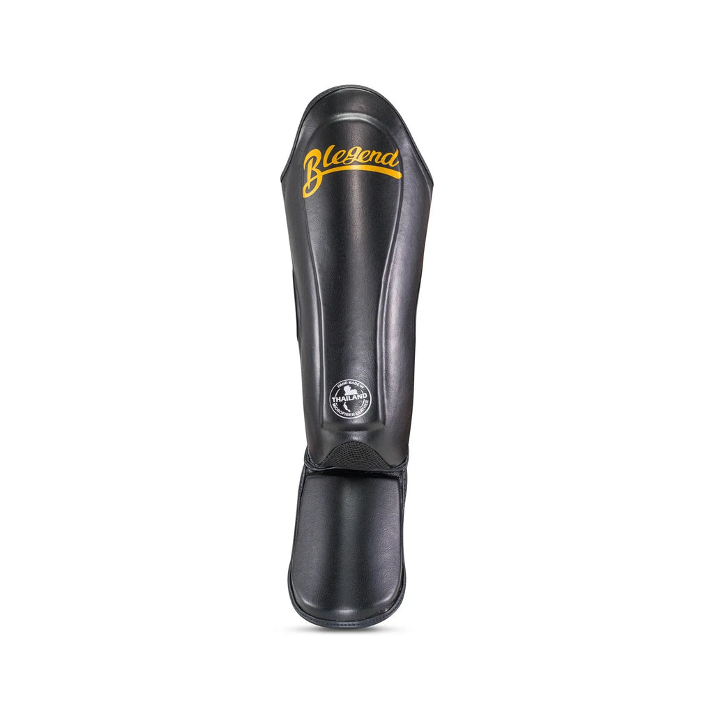 Black Blegend Shinguards with leather legend design, gold lettering and logo