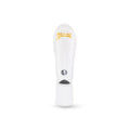Blegend Shinguards White: white leather kickboxing shin guard with gold accents