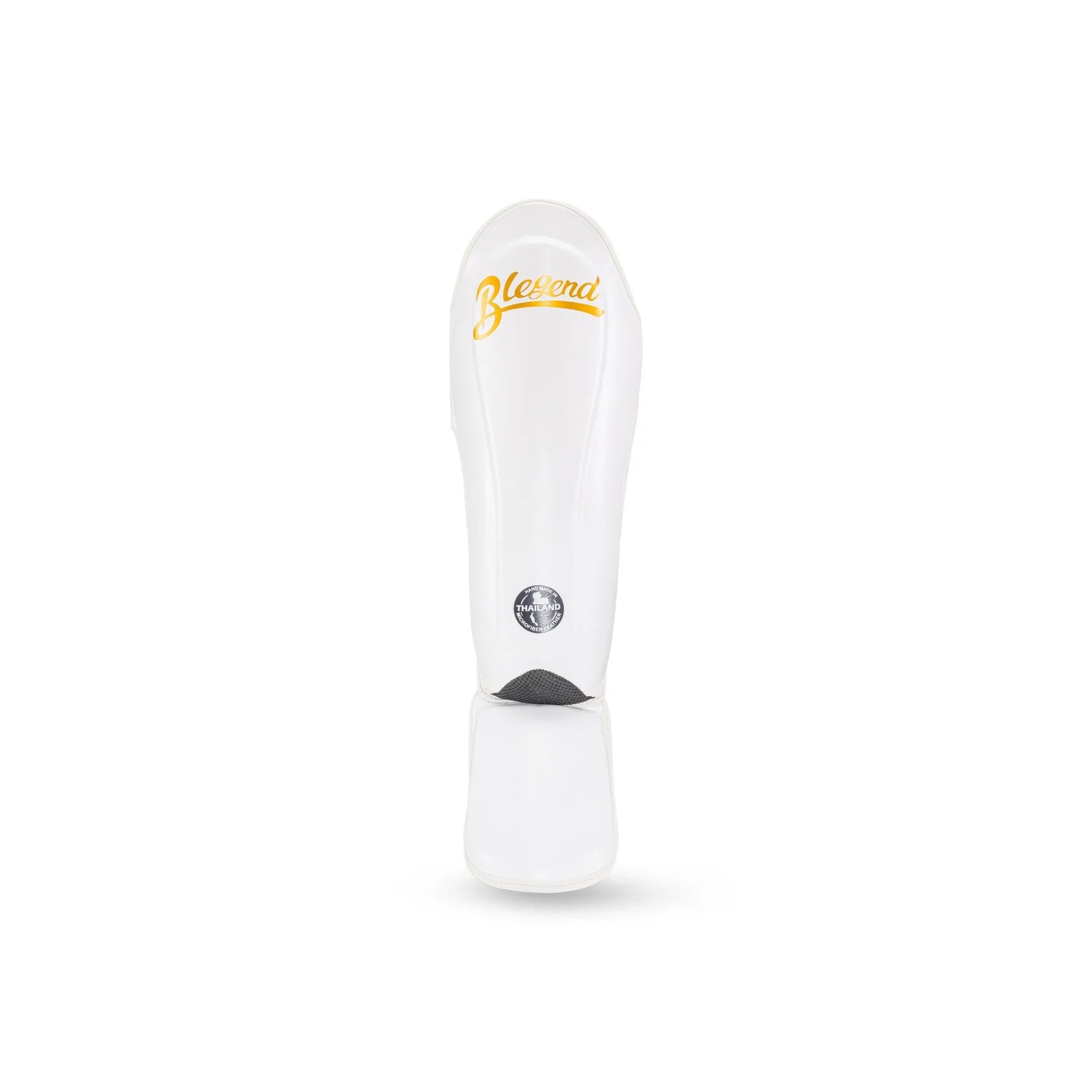 Blegend Shinguards White: white leather kickboxing shin guard with gold accents