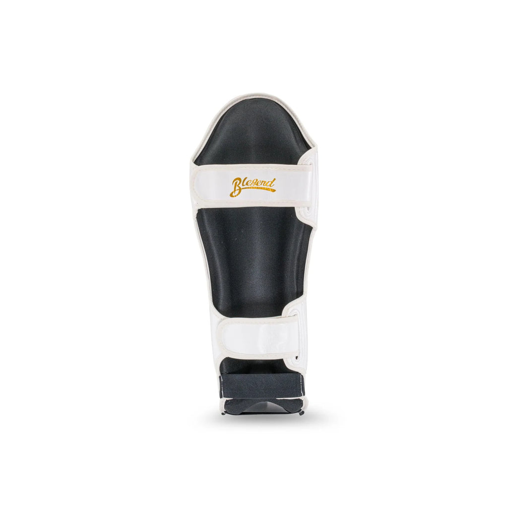 Blegend Shinguards White: Black and white leather shin guard with gold lettering for sports protection