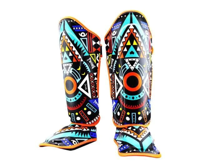 Vibrant Aztec-patterned Twins Special Shin Guards FSGL10-57 with orange trim