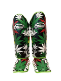 Twins 420 Athlete Shinguards with marijuana leaf pattern and green red white accents