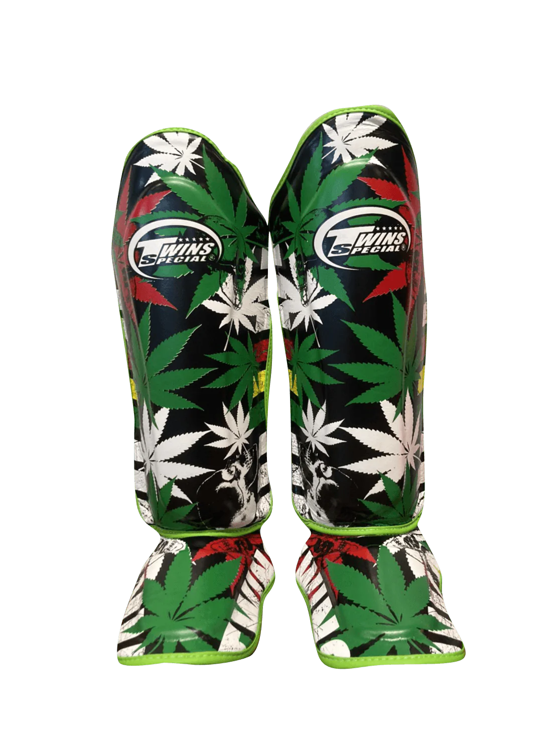 Twins 420 Athlete Shinguards with marijuana leaf pattern and green red white accents