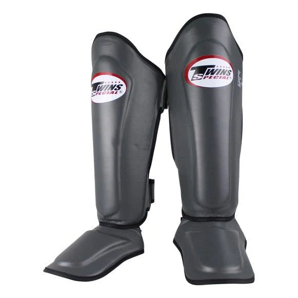 Black Twins special shin guards with red and white logo, grey model