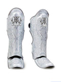 Top King Silver Shinguards with metallic design and logo