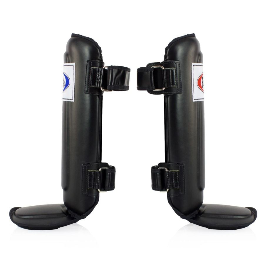 Fairtex Compact Black Shinguards with adjustable padded straps