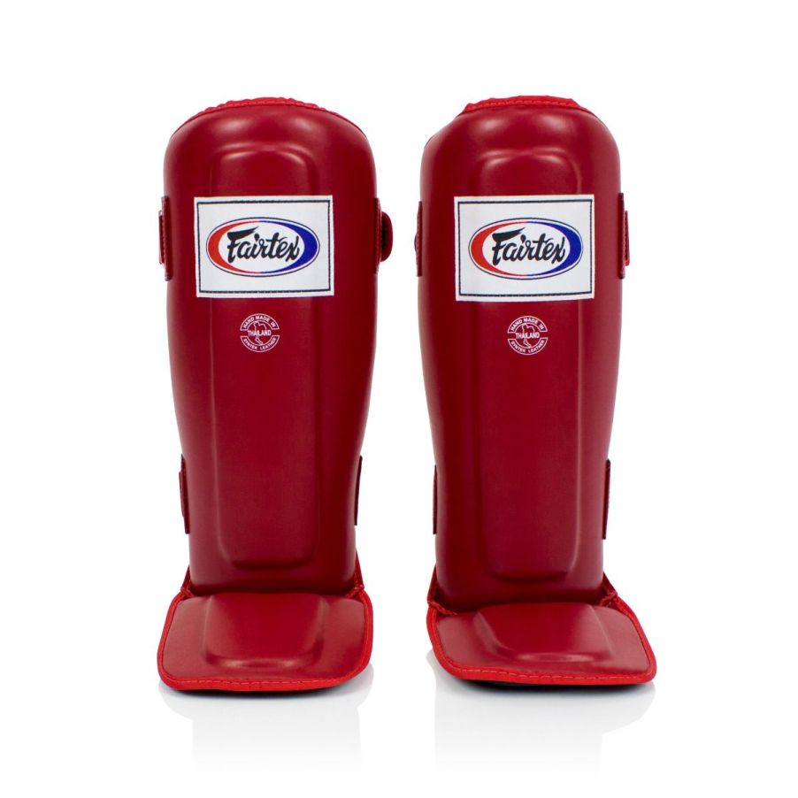 Red Fairtex Compact Shinguards with white and blue logo