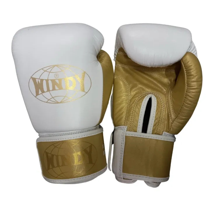 White and gold Windy Boxing Gloves with globe wrist design