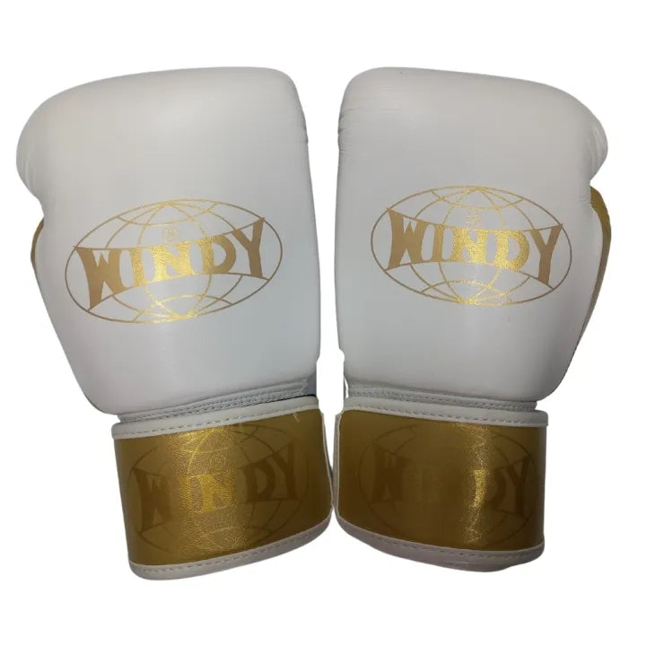 White and gold Windy Boxing Gloves with globe palm design, limited edition