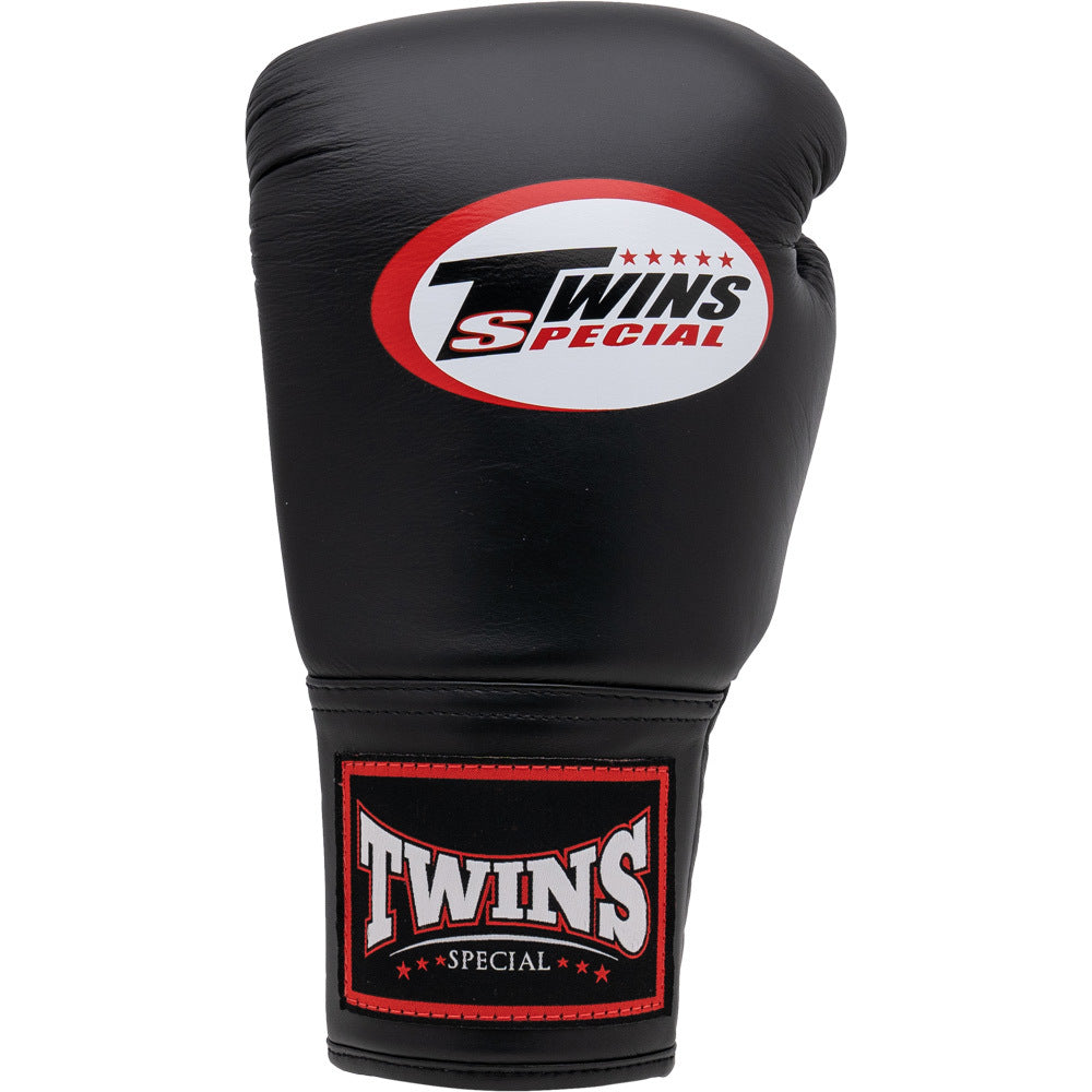 Twins Special black leather boxing glove with red and white accents, BGLL1 lace-up