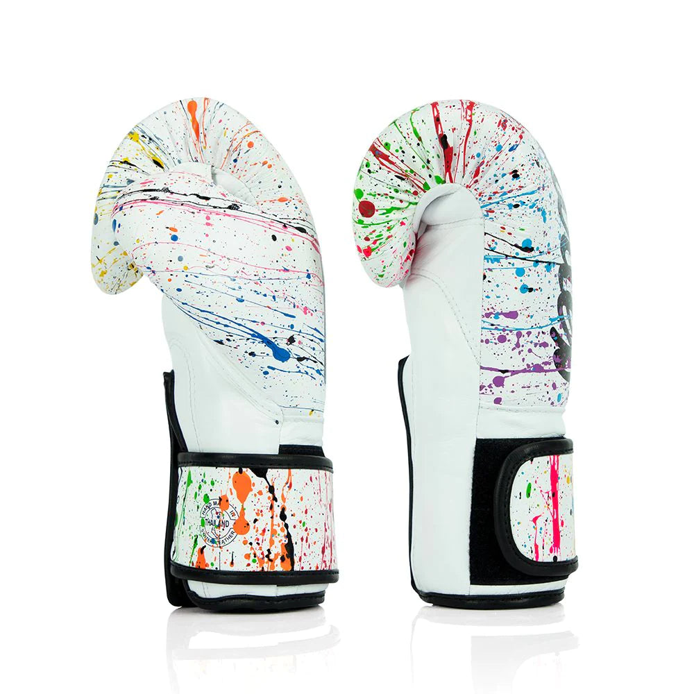 Fairtex Writer white leather boxing gloves with colorful paint splatter