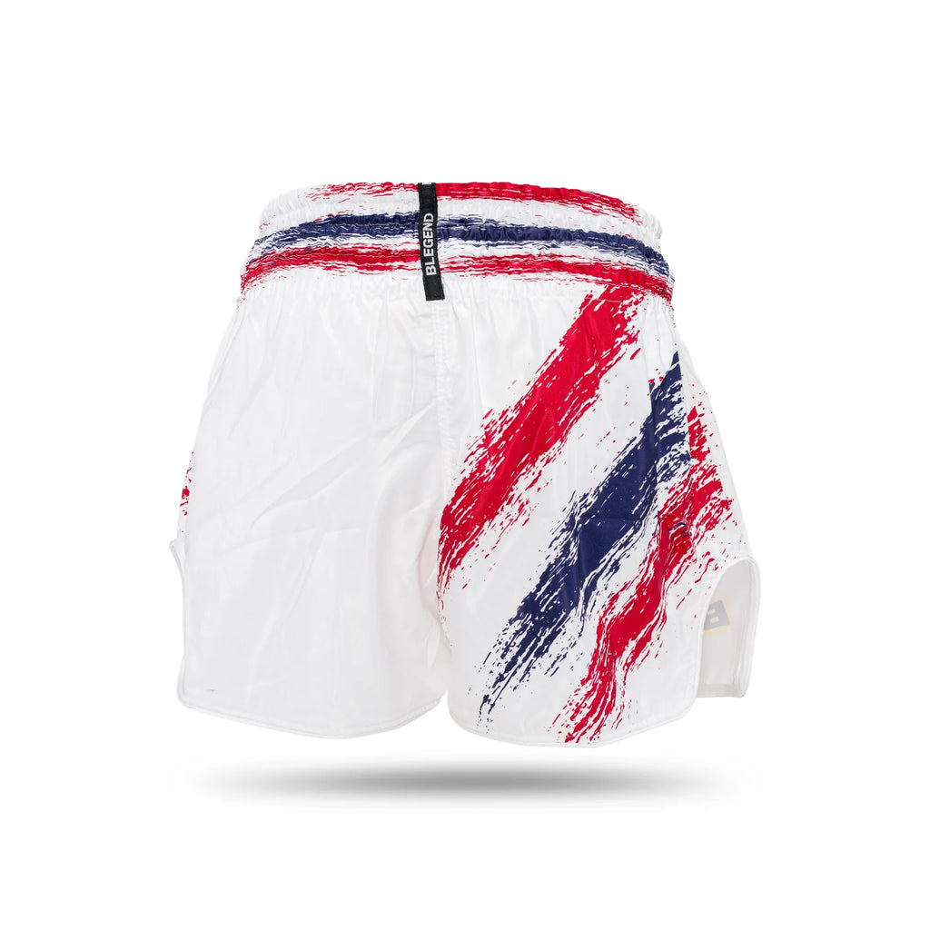 White Blegend Thai Legend Muay Thai shorts with red blue brushstroke design