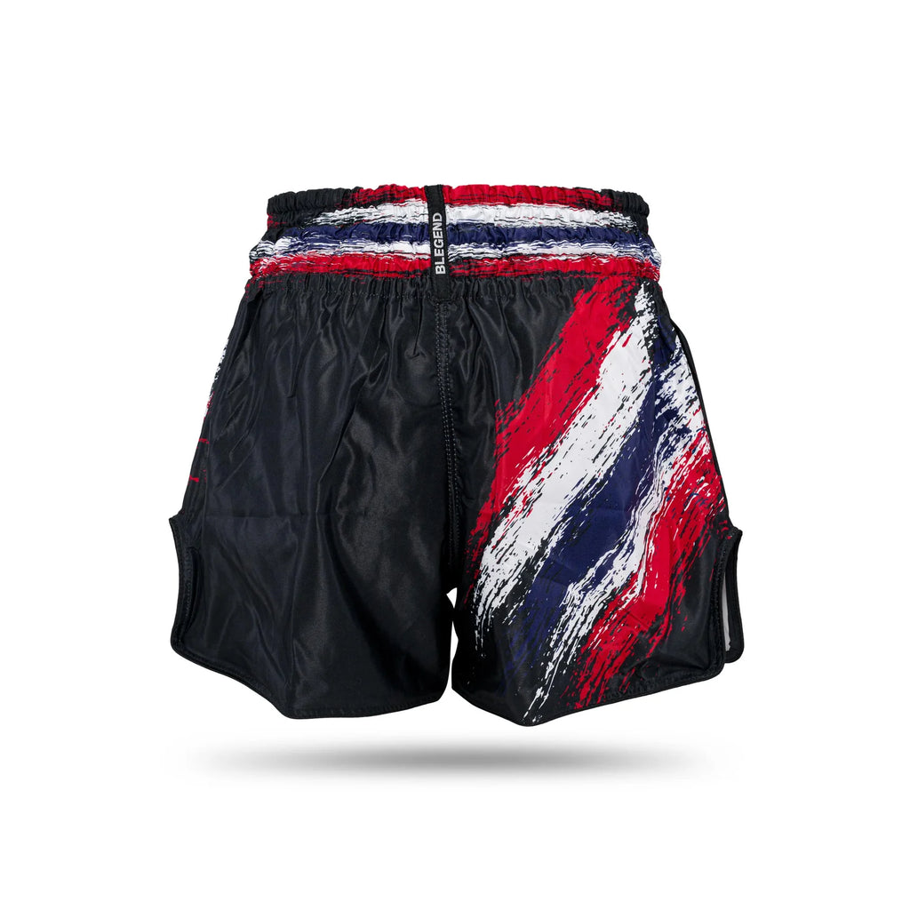 Blegend Shorts Thai Legend Black Muay Thai shorts with red and blue brushstroke design
