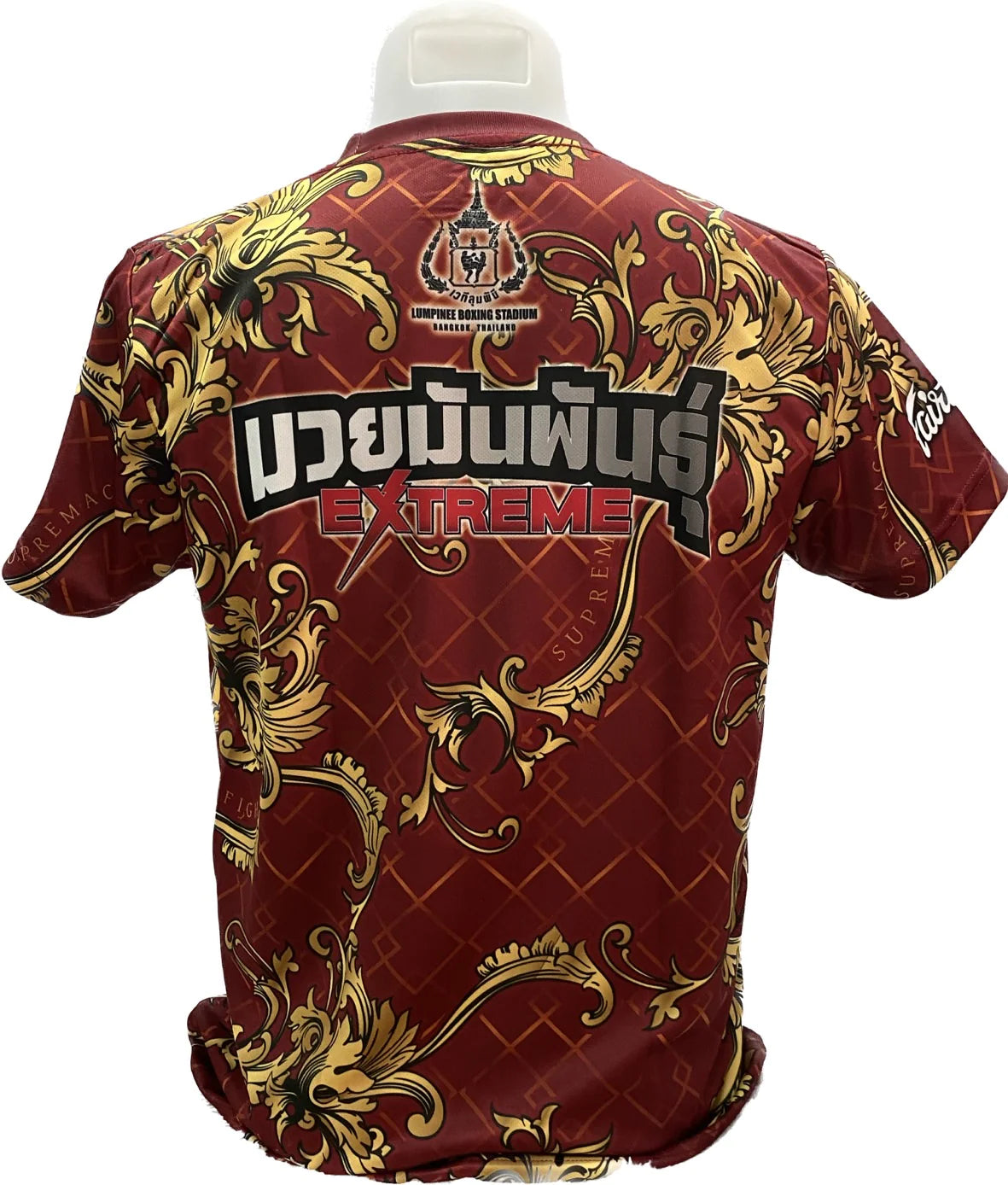 Fairtex Fight Lumpinee Stadion Red muay thai shirt with gold patterns