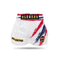 White Blegend Muay Thai shorts with red blue stripes and gold accents