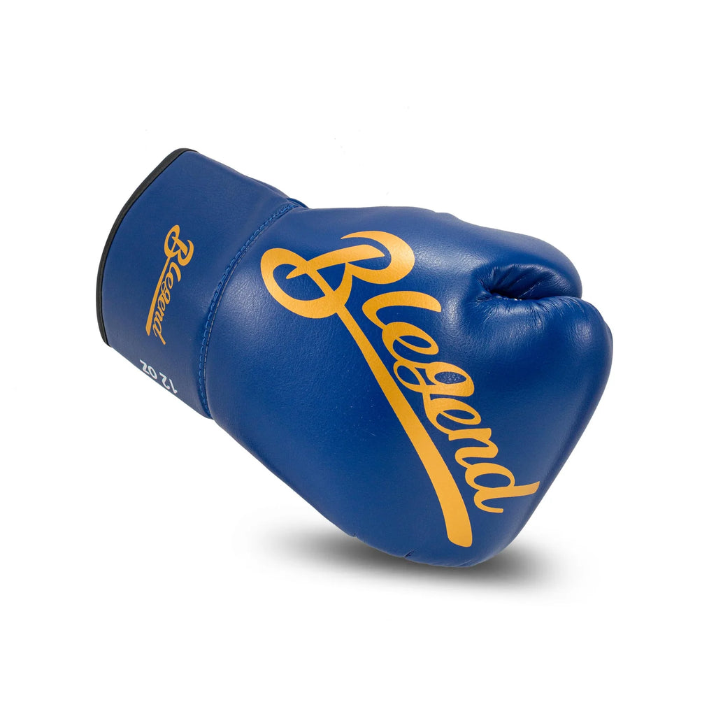 Blue Blegend Fight Gloves with gold Legend logo on leather