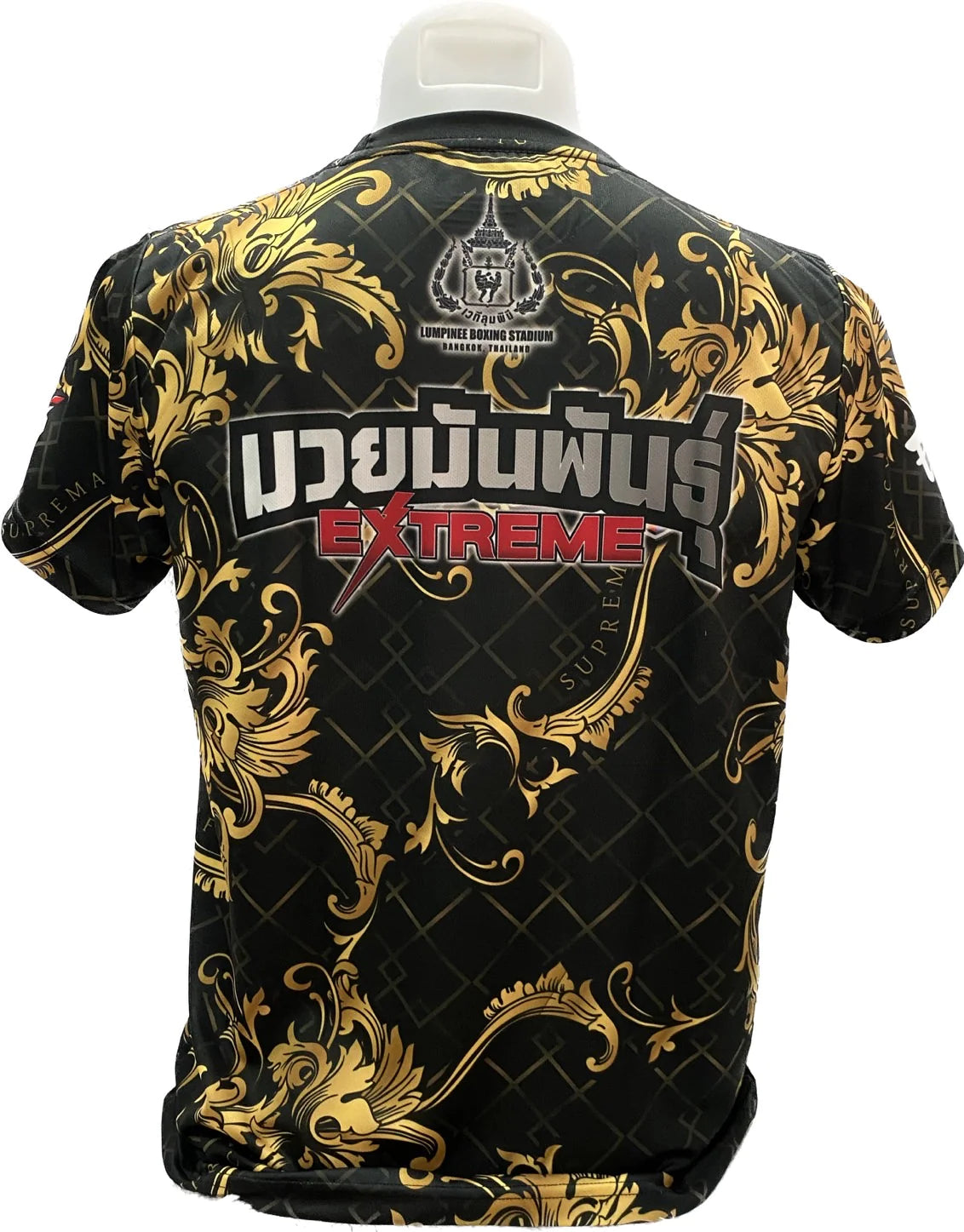 Fairtex Fight Lumpinee Stadion Black muay thai shirt with gold baroque design