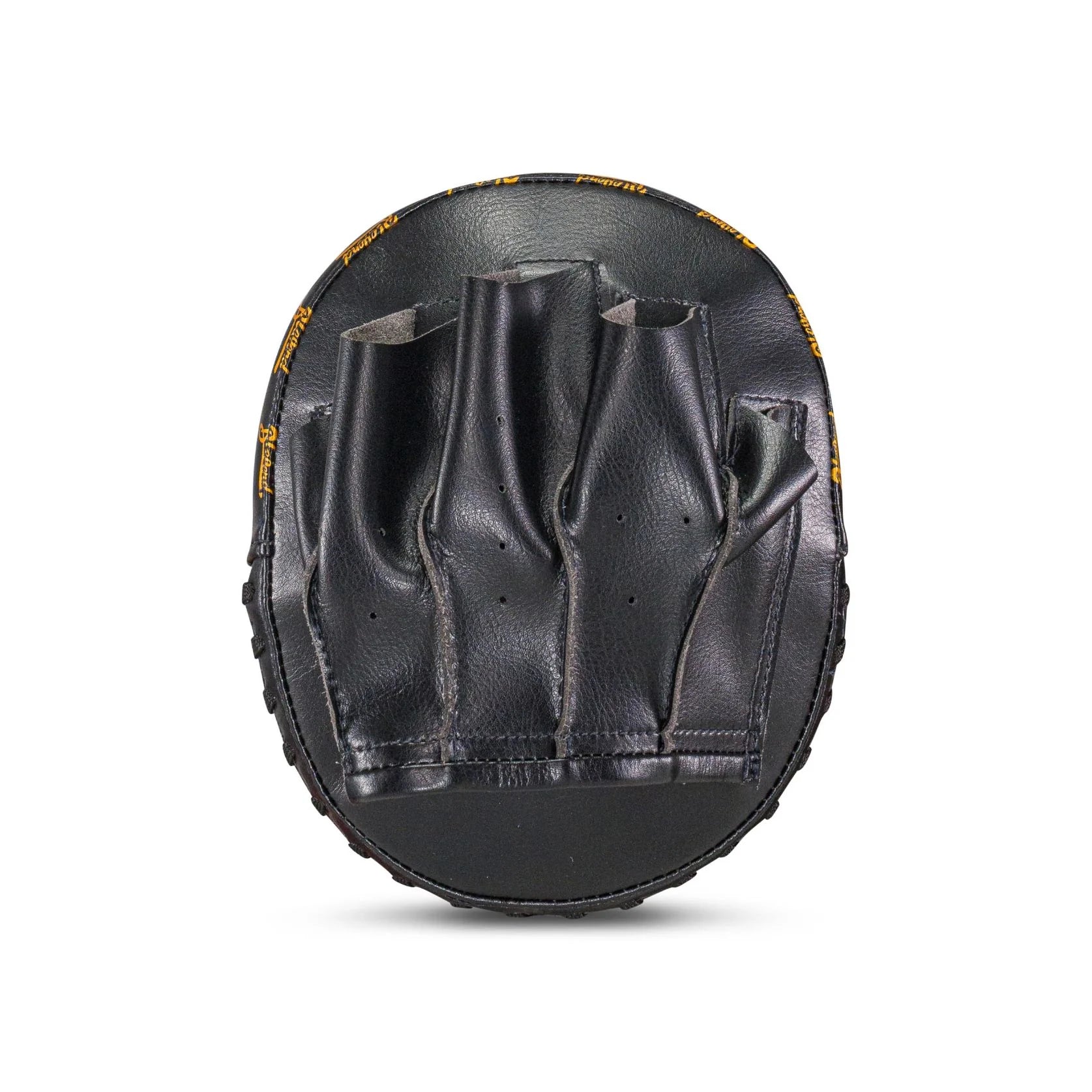 Black BLEGEND Focus Mitts BFM17 hand-shaped punching pad with yellow stitching