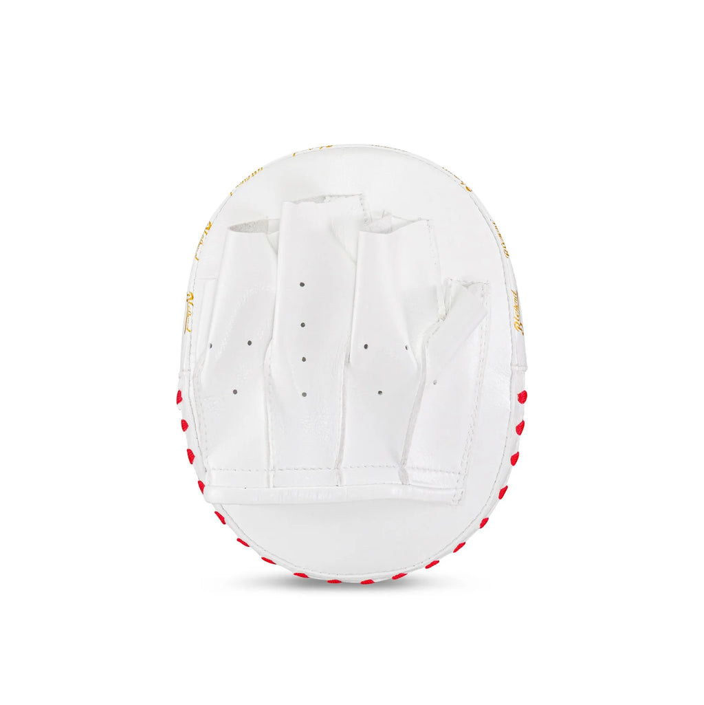 White BLEGEND Focus Mitts BFM17 leather glove with red stitching and gold accents