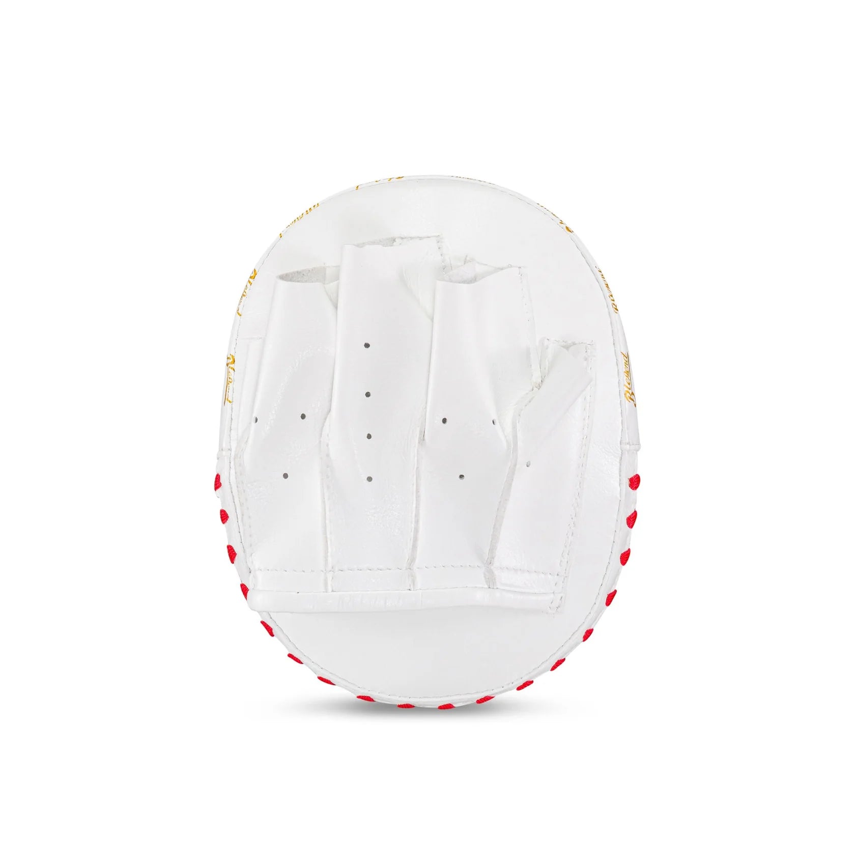 White BLEGEND Focus Mitts BFM17 leather glove with red stitching and gold accents