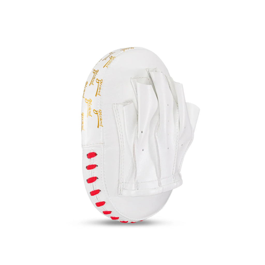 White BLEGEND Focus Mitts BFM17 with red stitching and gold lettering